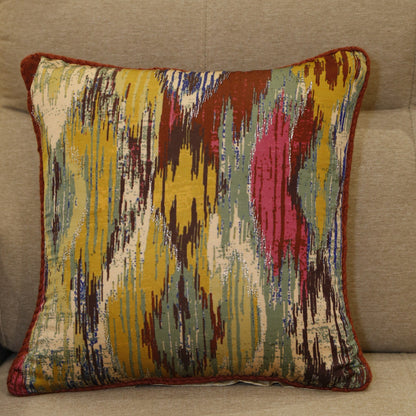 Multicoloured ikat stripe printed silk cushion cover with hand embroidery, 18x18 inches