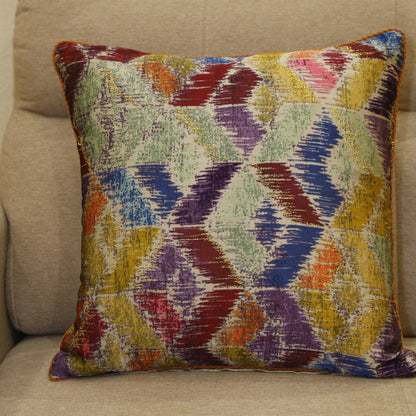 Multicoloured harlequin diamond ikat printed silk cushion cover with hand embroidery, 18x18 inches