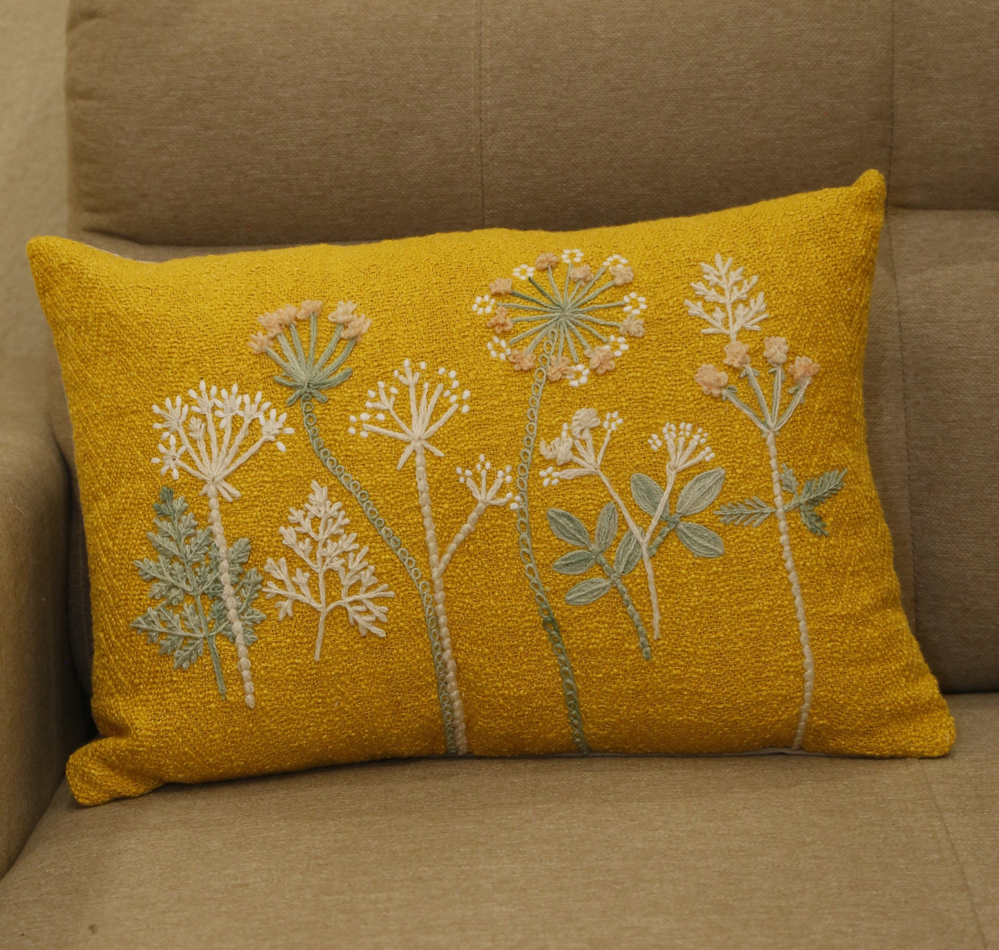 Mustard cotton slub lumbar cushion cover embroidered with cream and blue wildflowers, 14x20 inches