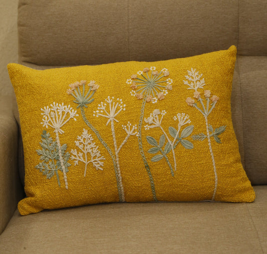 Mustard cotton slub lumbar cushion cover embroidered with cream and blue wildflowers, 14x20 inches