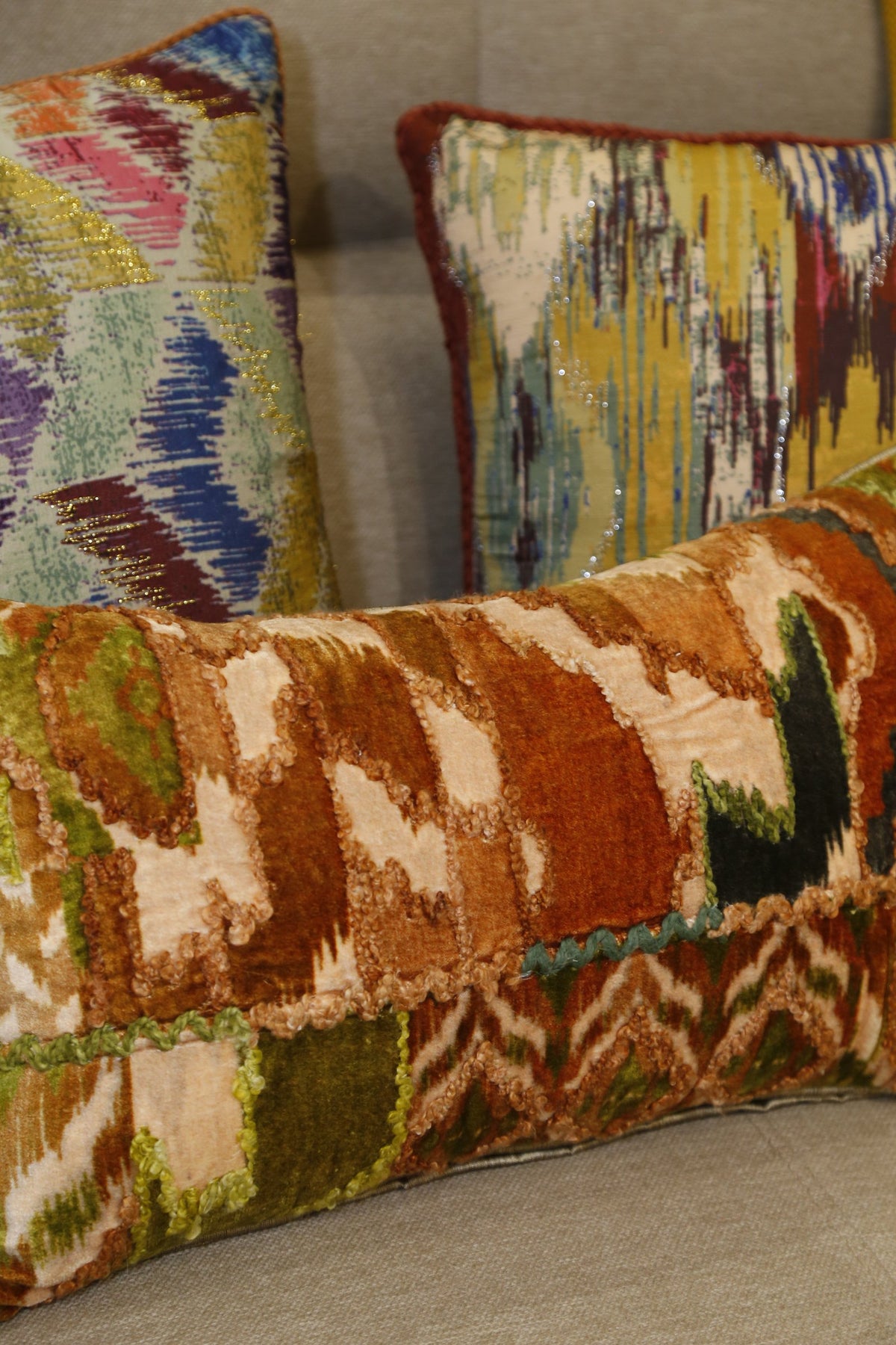 Close view of the cut velvet ikat texture and applique work