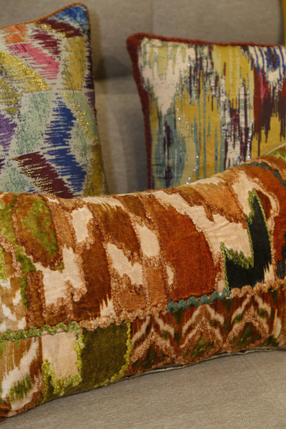 Close view of the cut velvet ikat texture and applique work