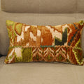 Rust and forest green ikat printed velvet lumbar cushion cover with applique, 12x20 inches