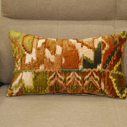 Rust and forest green ikat printed velvet lumbar cushion cover with applique, 12x20 inches