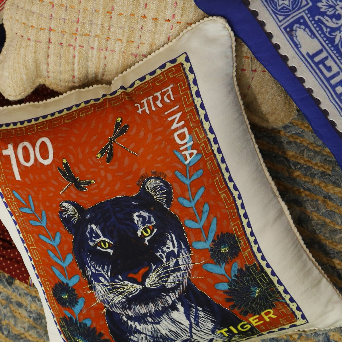 Brick red silk cushion cover printed with a vintage India tiger postage stamp, 18x18 inches