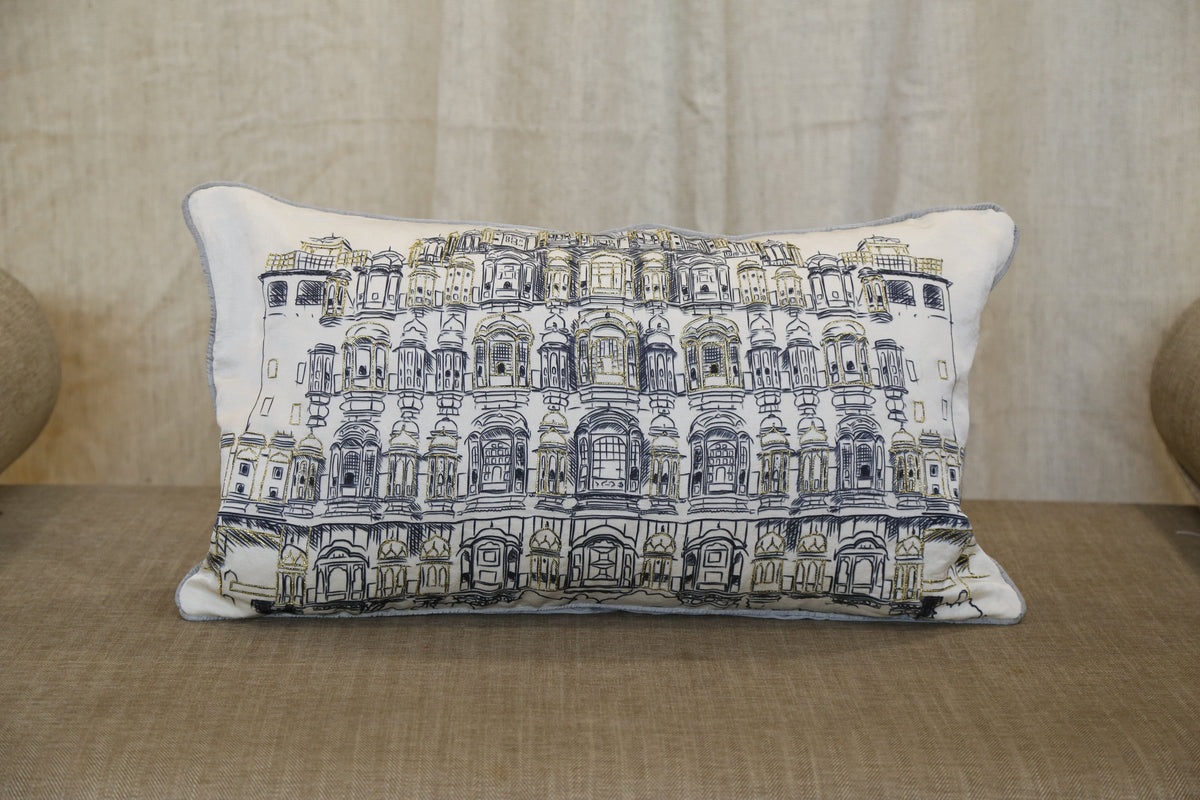 Ivory silk lumbar cushion cover printed with Jaipur haveli facades, front view