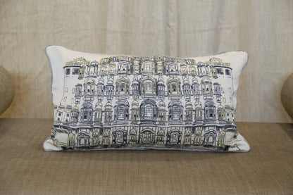 Ivory silk lumbar cushion cover printed with Jaipur haveli facades, front view