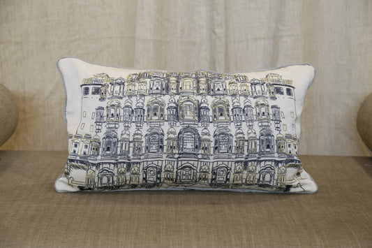Ivory silk lumbar cushion cover printed with Jaipur haveli facades, front view