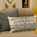 Ivory silk lumbar cushion cover printed with haveli facades and hand zari embroidery, 14x24 inches