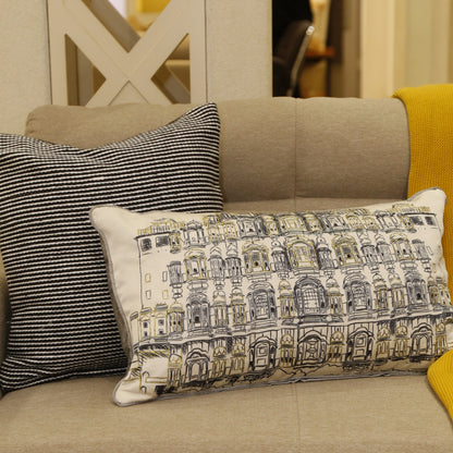Ivory silk lumbar cushion cover printed with haveli facades and hand zari embroidery, 14x24 inches