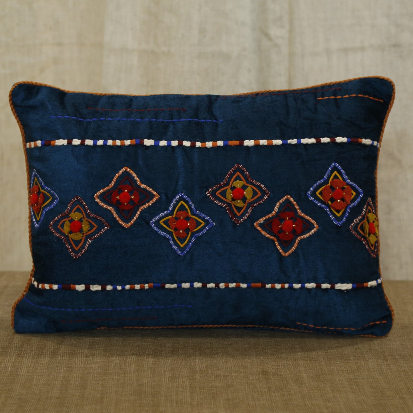 Indigo blue lumbar cushion cover with traditional diamond embroidery and decorative stitching, 14x20 inches