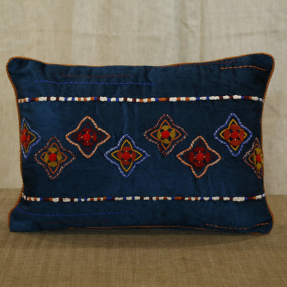 Indigo blue lumbar cushion cover with traditional diamond embroidery and decorative stitching, 14x20 inches