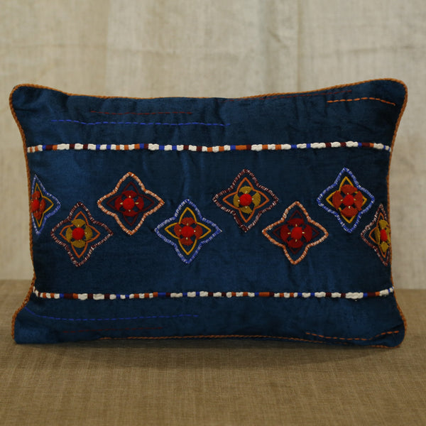 Indigo blue lumbar cushion cover with traditional diamond embroidery and decorative stitching, 14x20 inches