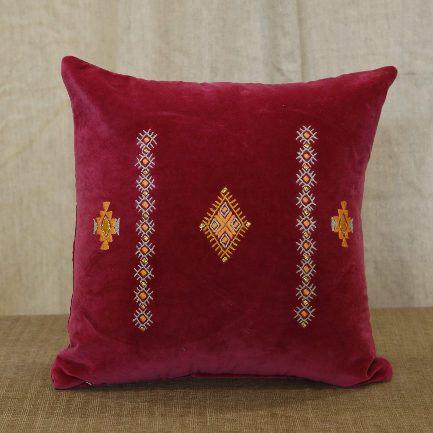 Ruby velvet cushion cover with vertical bands of traditional hand embroidery, 18x18 inches