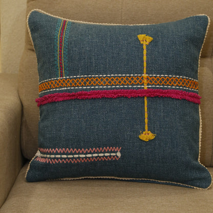 Teal cushion cover with magenta band and traditional hand embroidery, 18x18 inches