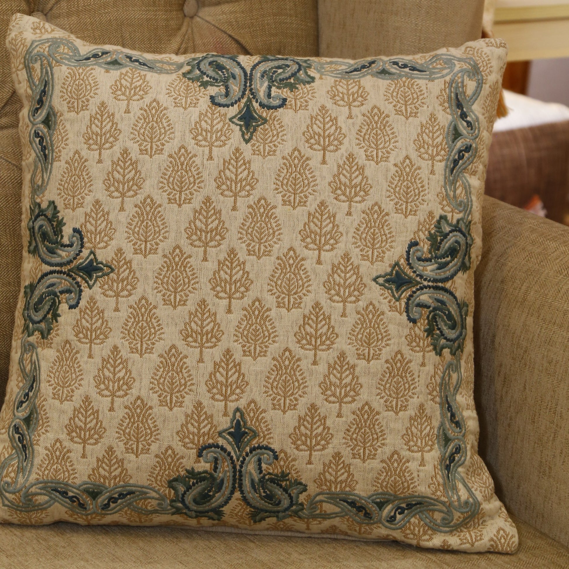 Sand cotton slub cushion cover with buta block print and teal corner embroidery, 18x18 inches