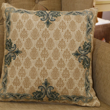 Sand cotton slub cushion cover with buta block print and teal corner embroidery, 18x18 inches