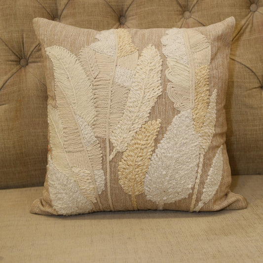 Natural cotton slub cushion cover with raised tonal cream leaf embroidery, 18x18 inches