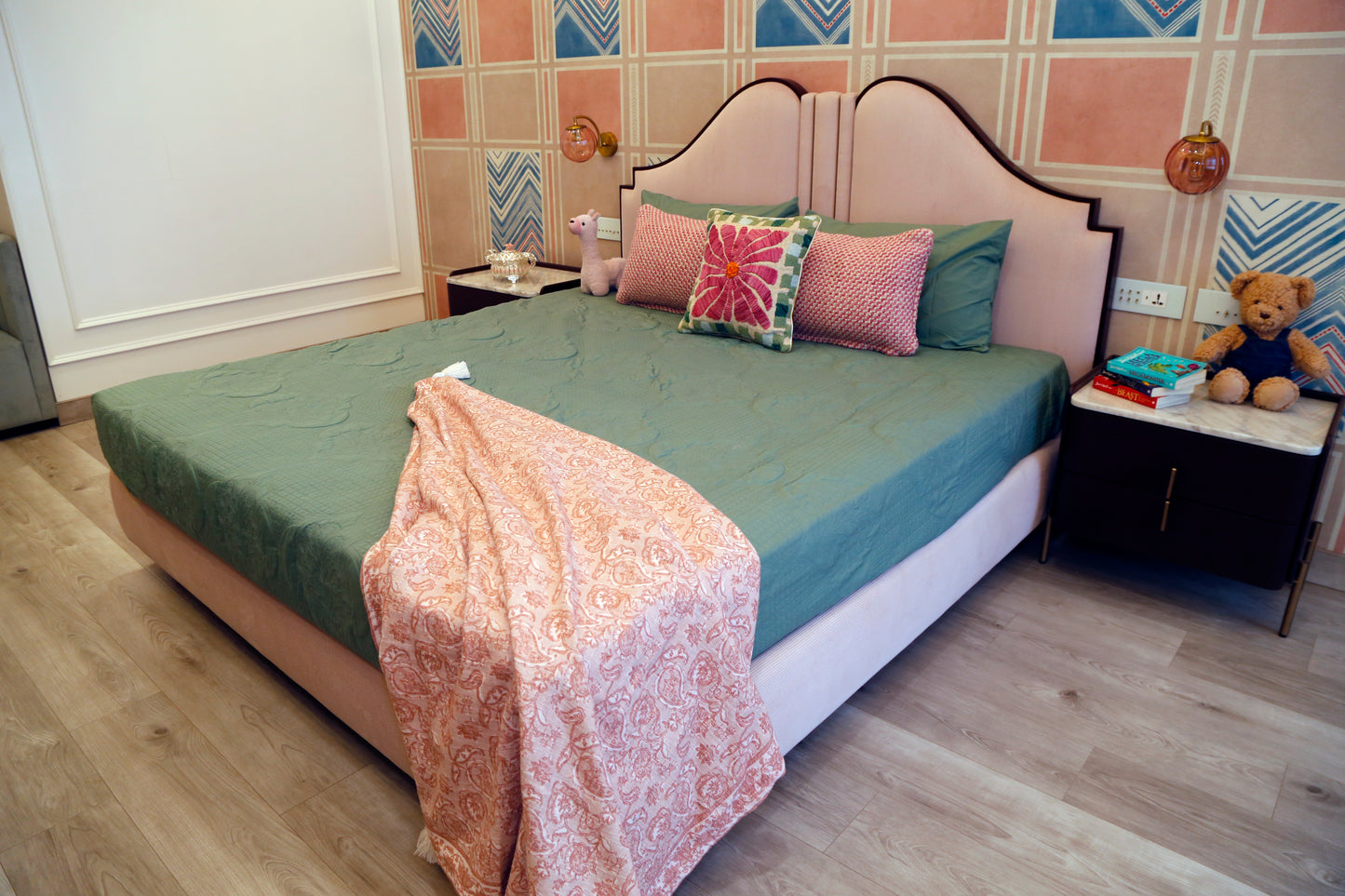 Moonlit florals ( EMBROIDED BEDCOVER WITH 2 PLAIN PILLOW COVERS )